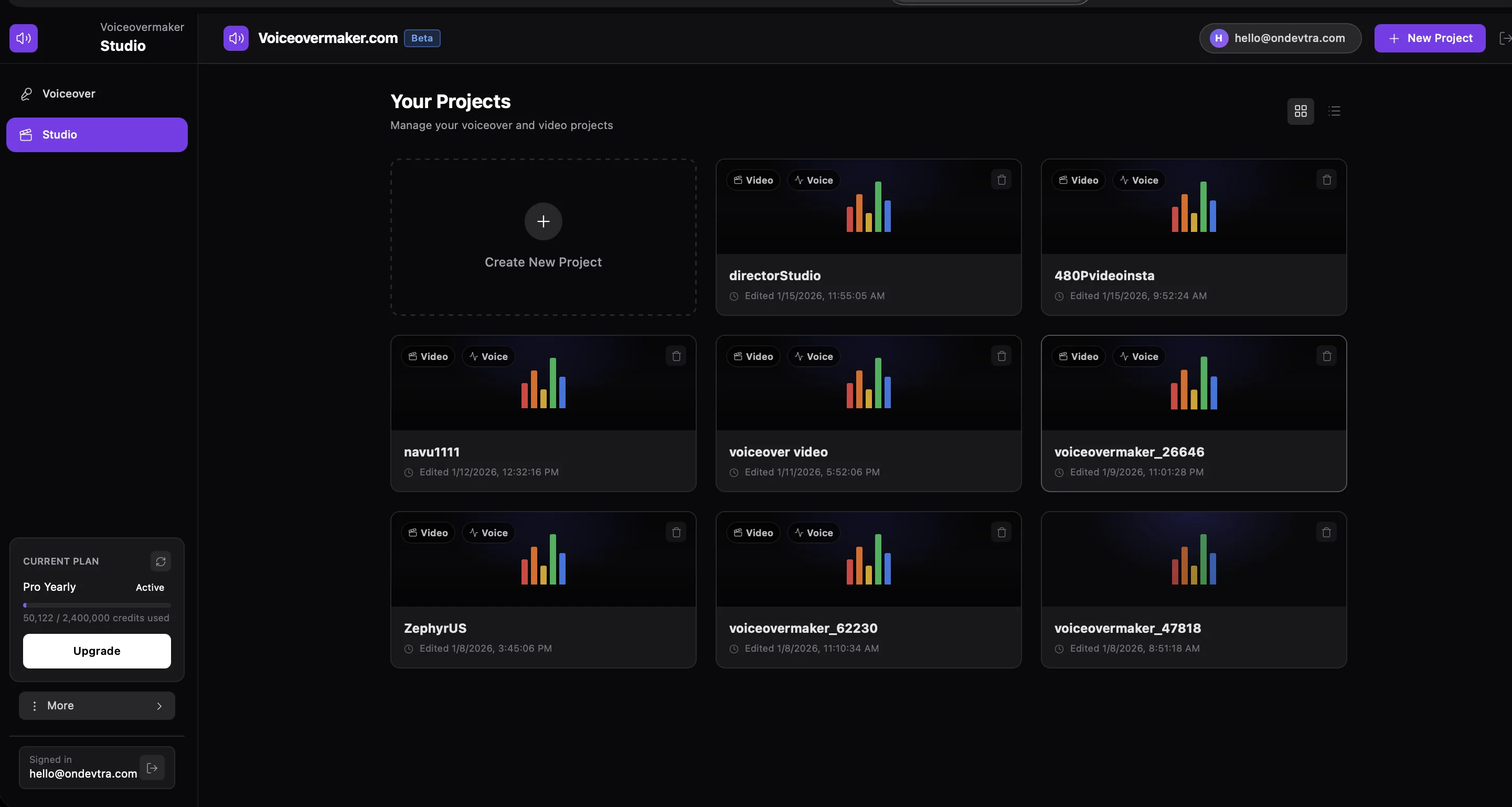 AI Studio view with voice model selection and script input