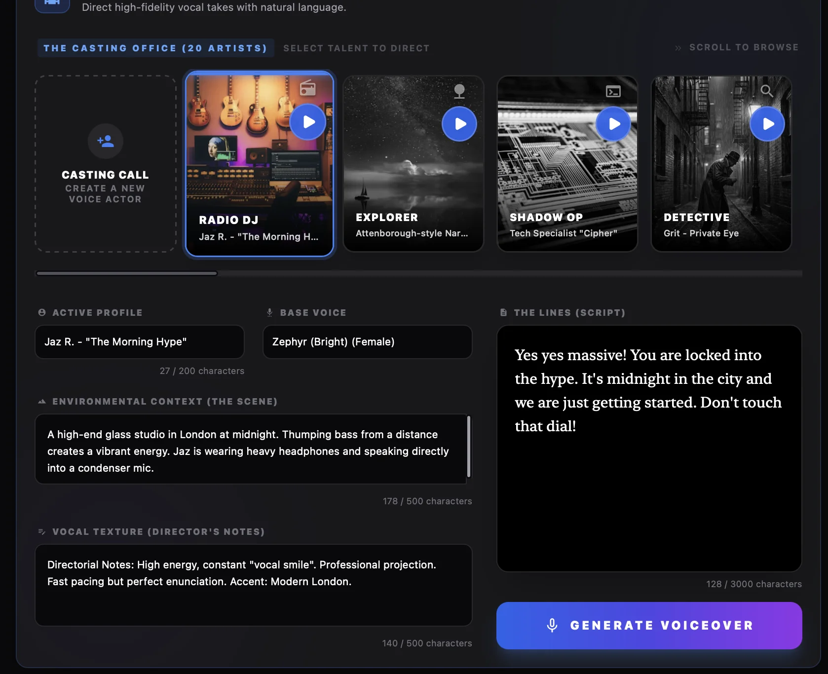 Director Studio detailed view with casting office and voice actor selection