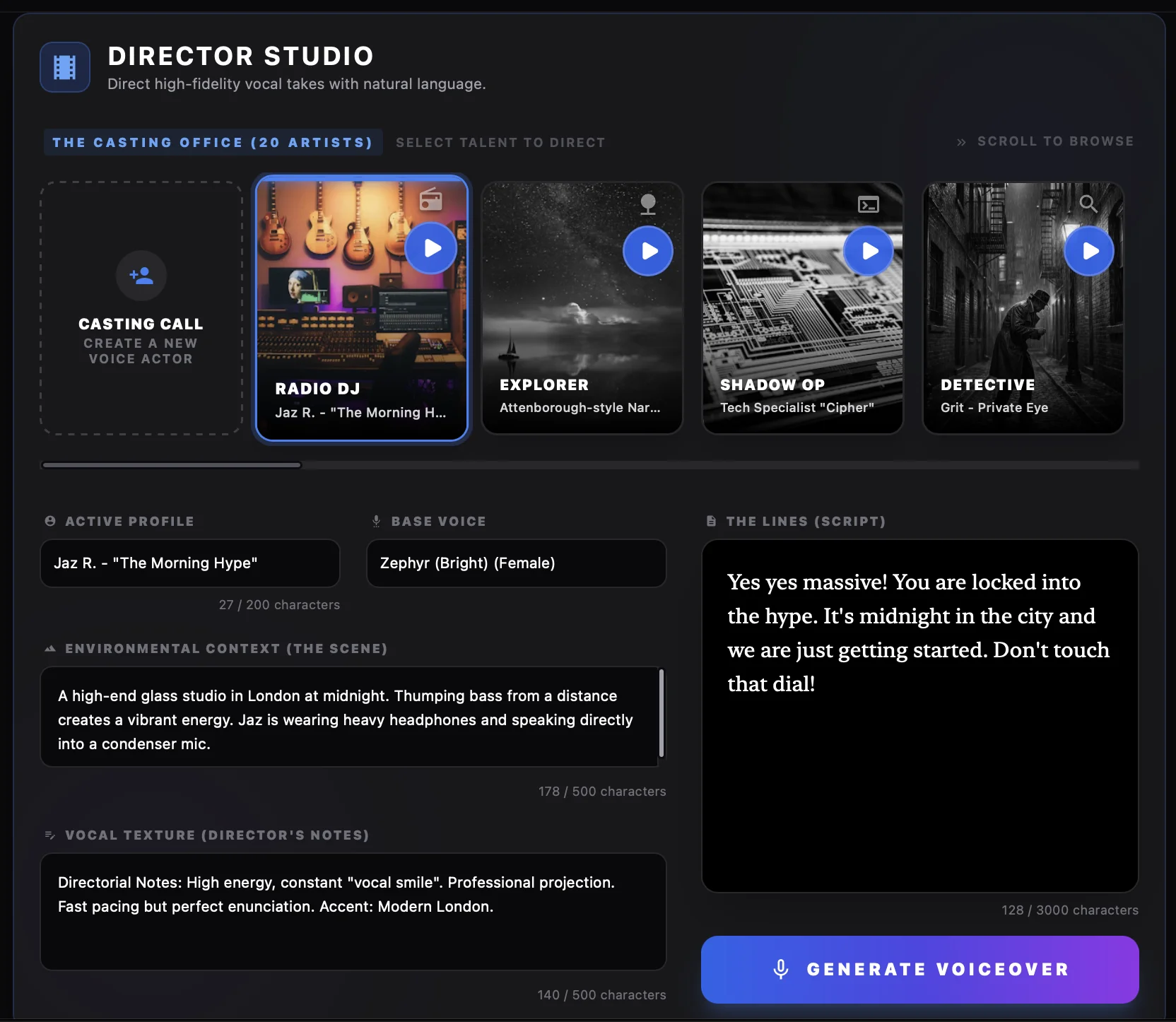 Director Studio interface showing voice actor selection and natural language direction