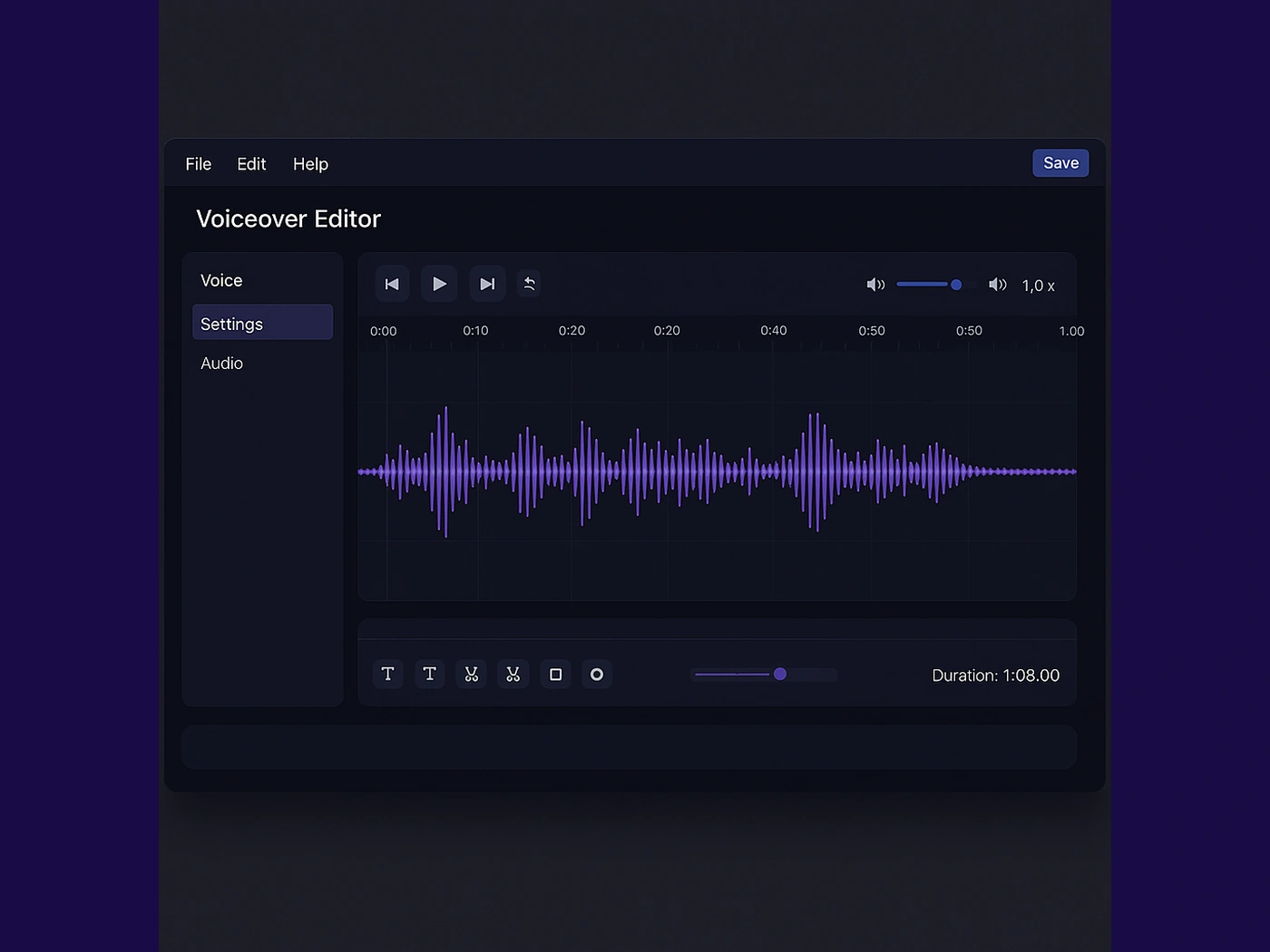 Waveform editor view highlighting pitch and pause controls